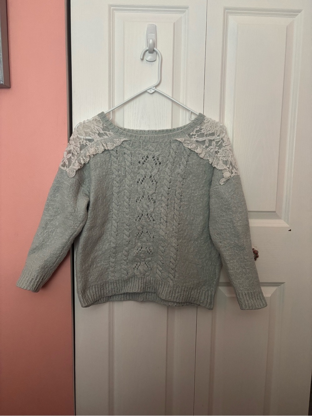 Tralala/Liz Lisa Pale Green Cable Knit Sweater with Lace Shoulders